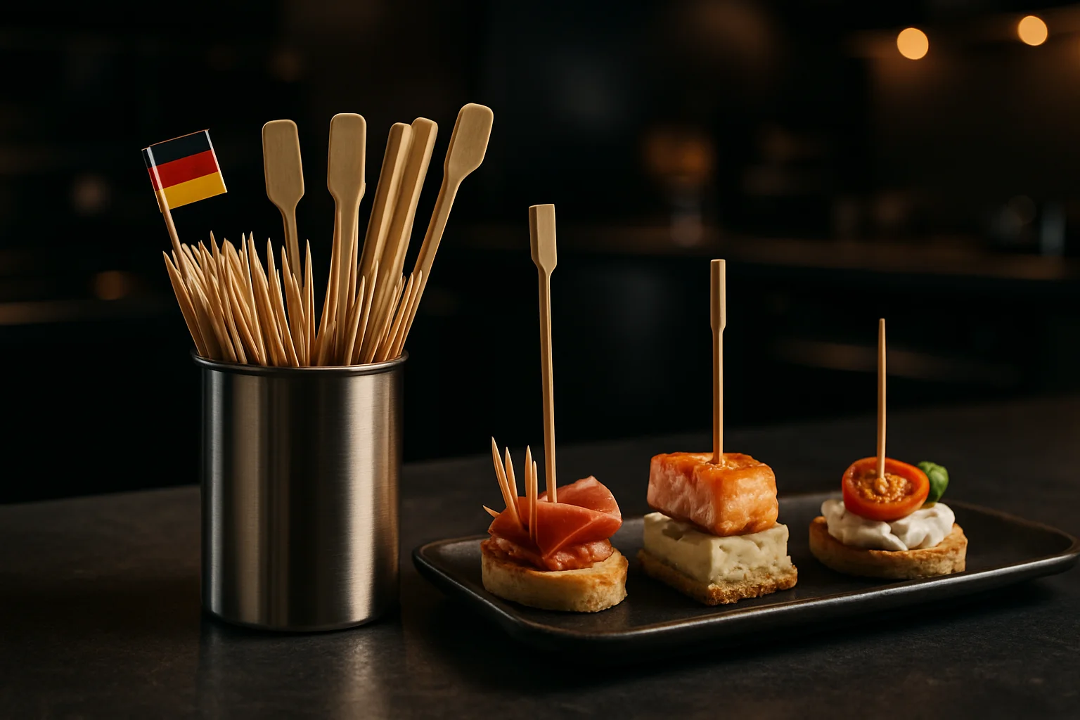 Picker, Zahnstocher und Fähnchen neben Fingerfood-Häppchen