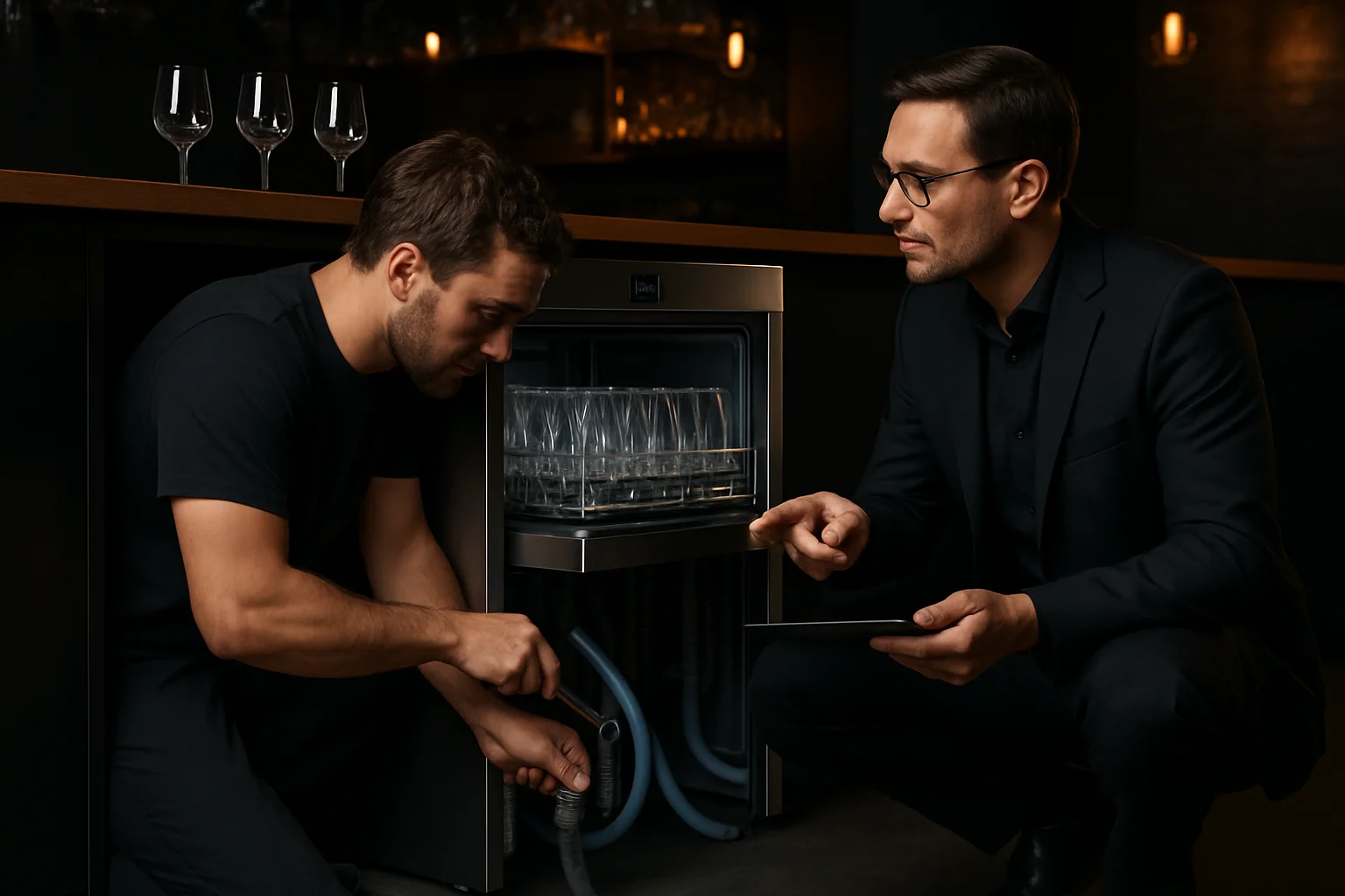Einbauposition eines Gläserspülers unter der Theke mit sichtbaren Anschlüssen