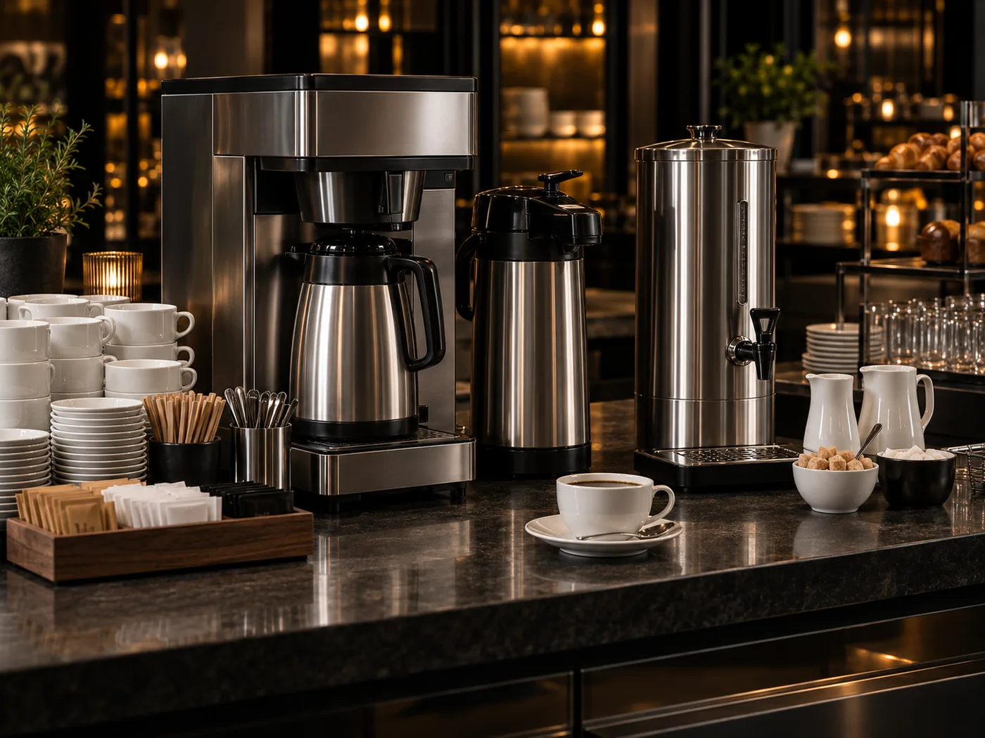 Professionelle Kaffee- und Teeausstattung am Frühstücksbuffet mit Kaffeemaschine, Isolierkannen und Heißwasserspender
