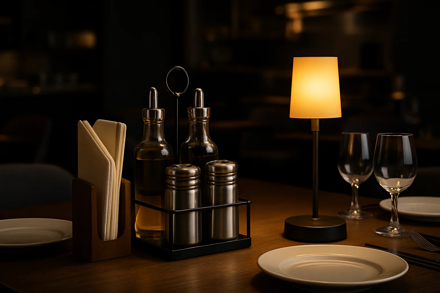 Verschiedene Tischzubehör-Elemente auf gedecktem Restauranttisch
