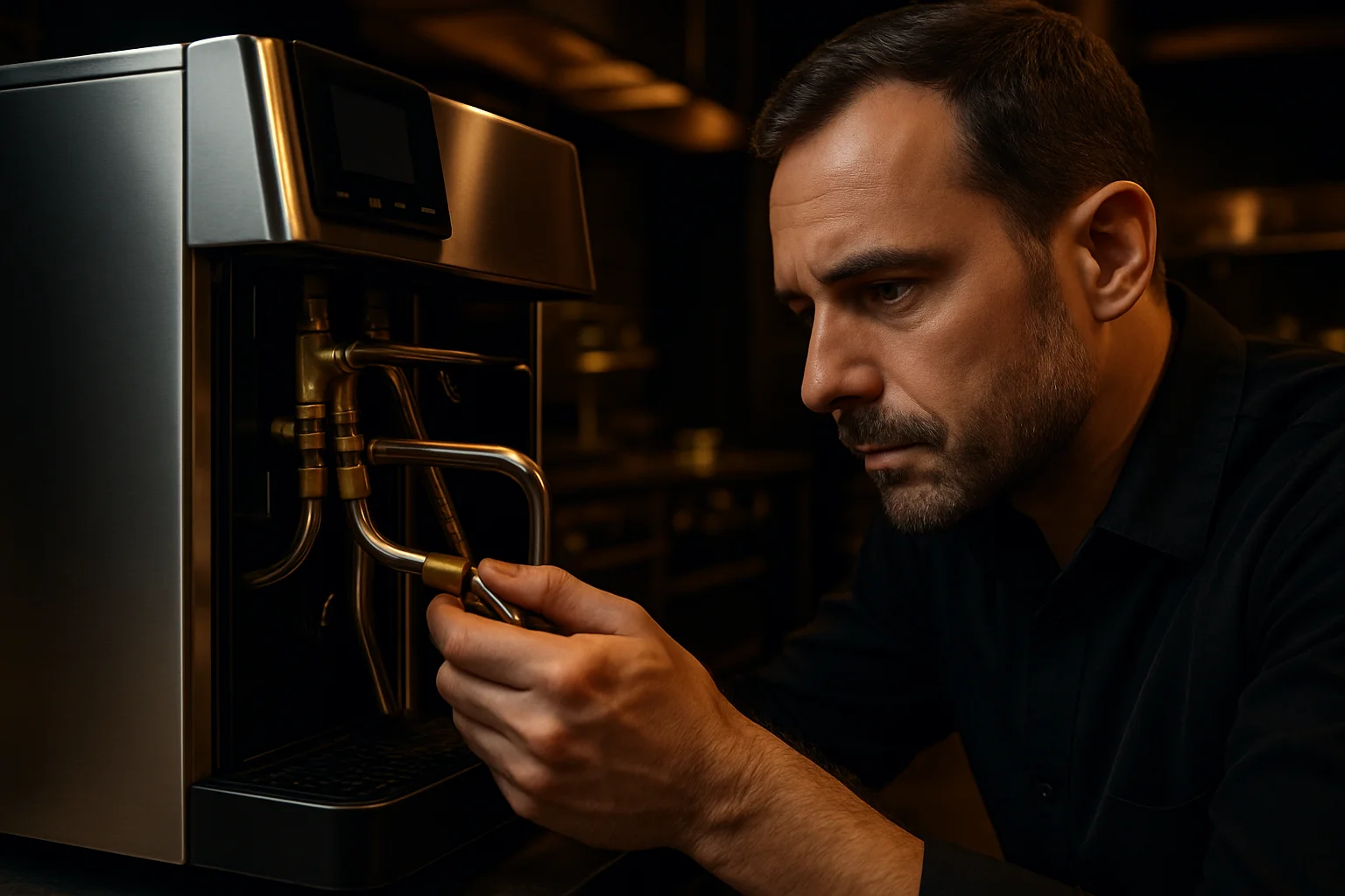 Techniker prüft Anschluss eines Kaffeevollautomaten
