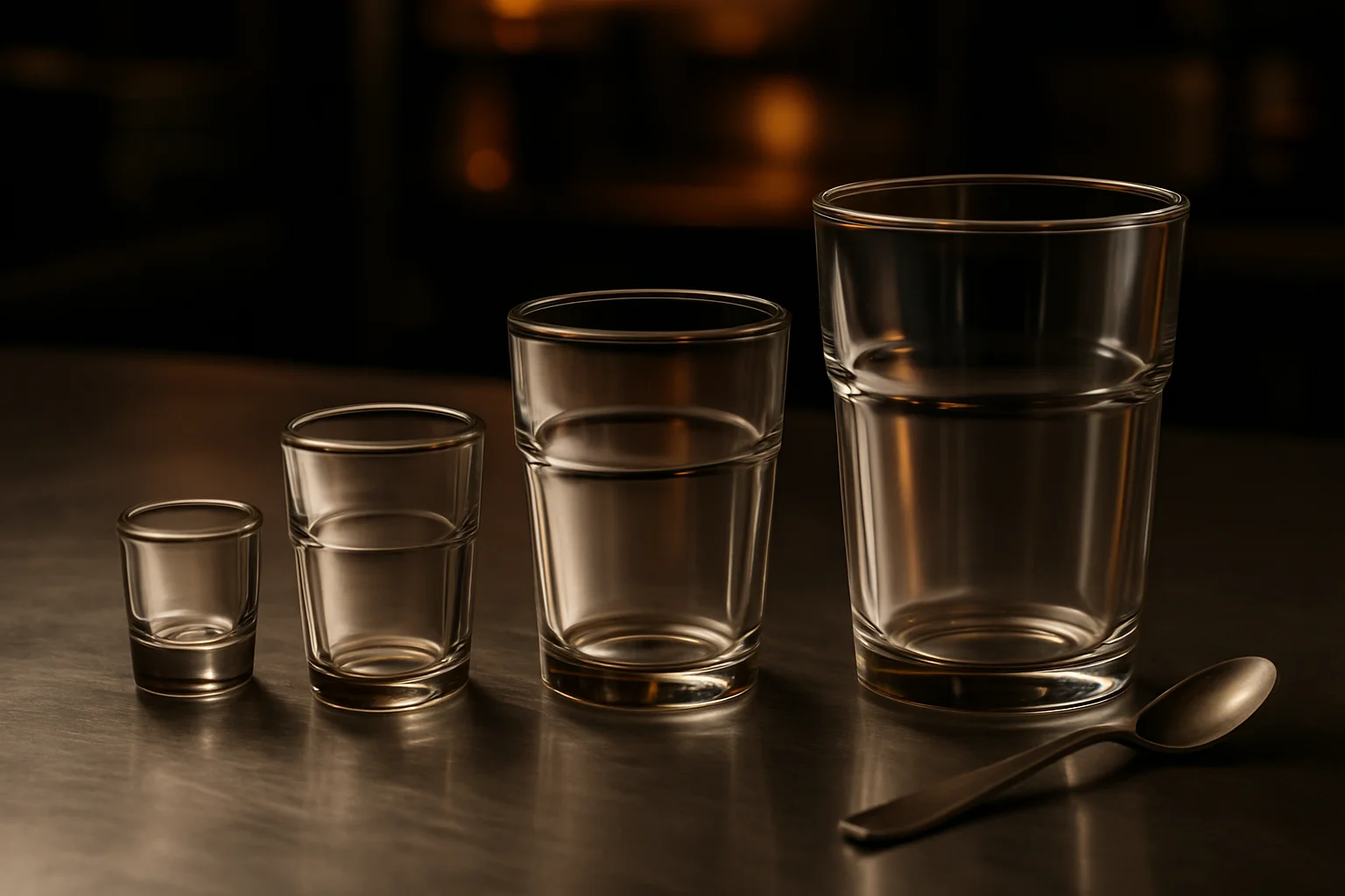 Verschiedene Glasgrößen mit Löffel als Größenvergleich auf Edelstahlarbeitsfläche