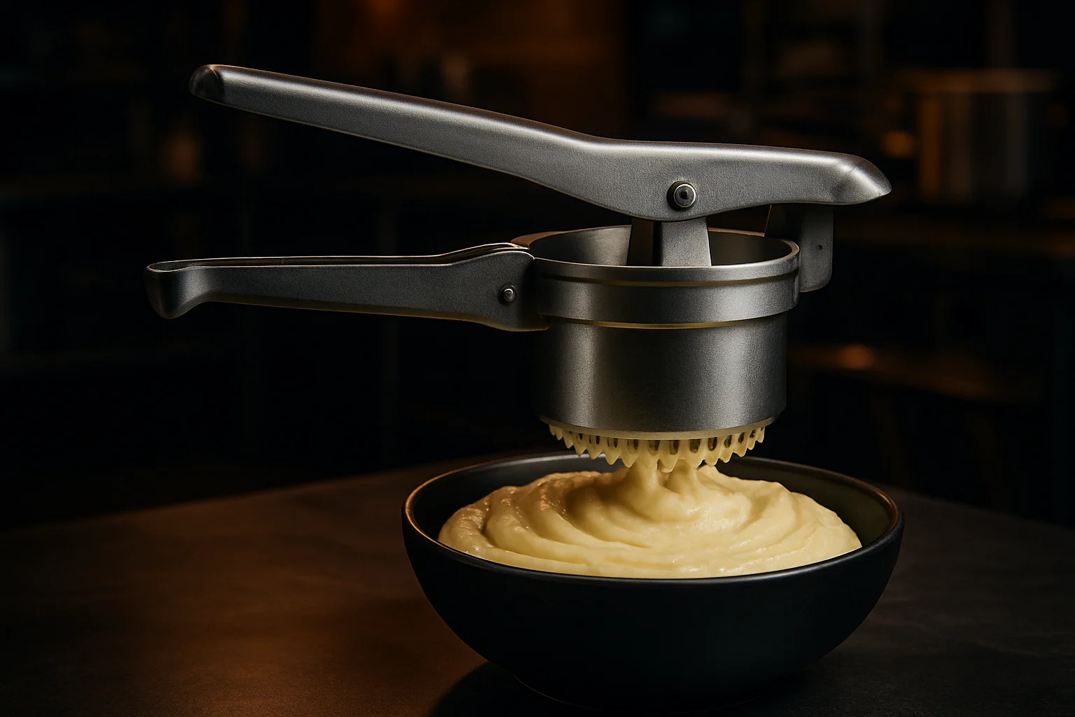 Kartoffelpresse aus Metall über Schüssel mit Kartoffelpuree in professioneller Kuche