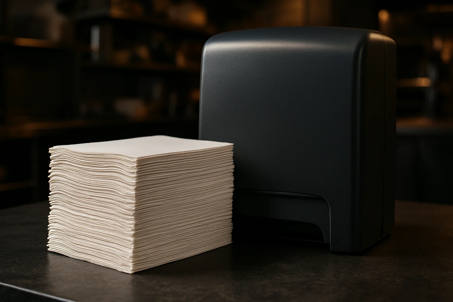 Handtuchpapier-Blattstapel neben Spender in Gastronomie