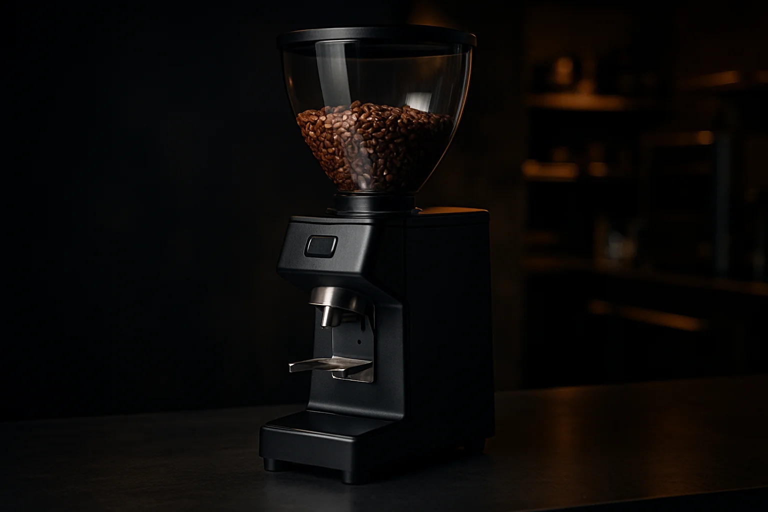 Gewerbliche Kaffeemühle mit Bohnenbehälter auf Theke