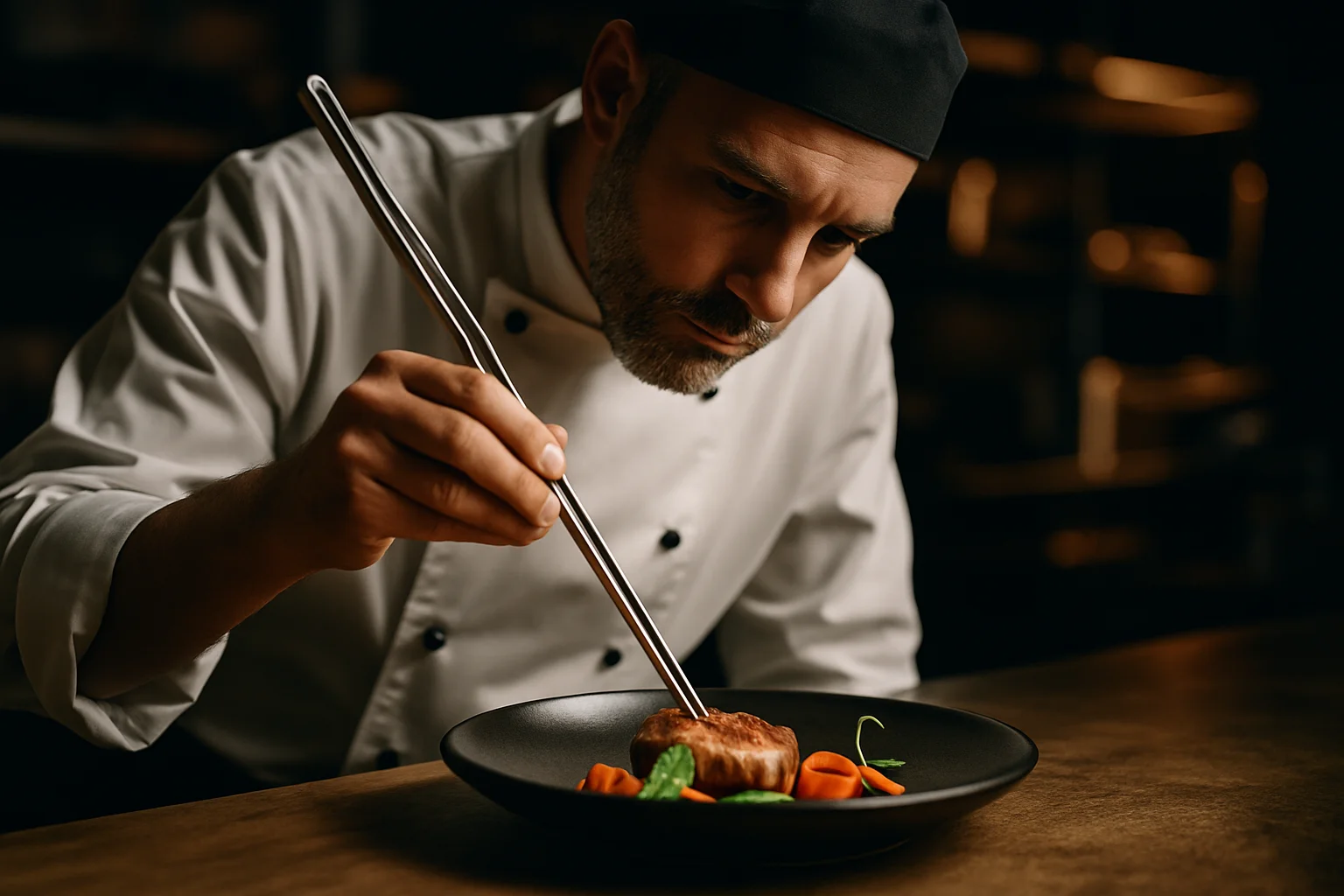 Spezialzange in gastronomischer Küche beim präzisen Anrichten