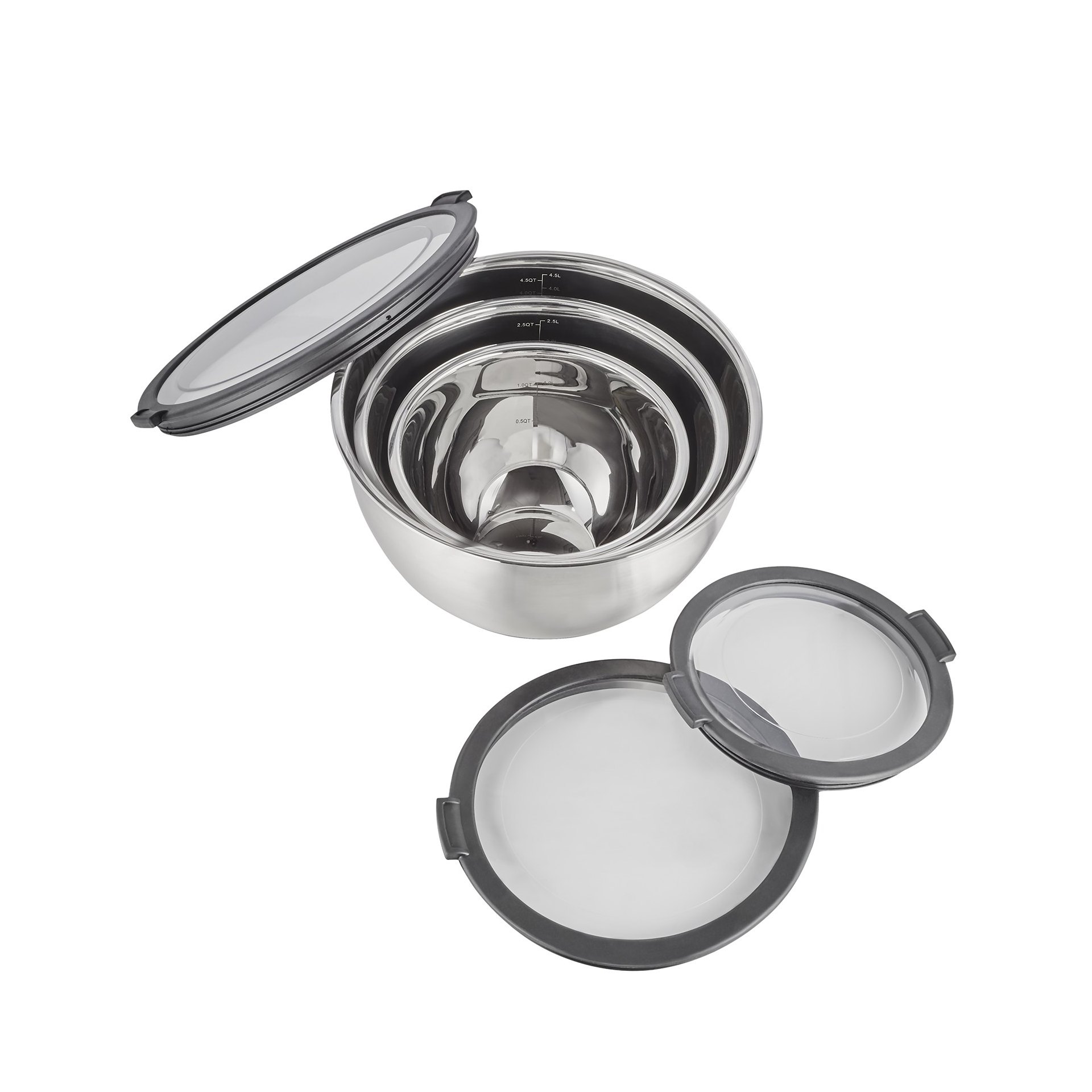 Schüssel Set, 3-teilig, Ø 11/13/15 cm, 3 Deckel, rutschhemmender Boden, Chromnickelstahl, Silikon Schüssel Set, 3-teilig, Ø 11/13/15 cm, 3 Deckel, rutschhemmender Boden, Chromnickelstahl, Silikon