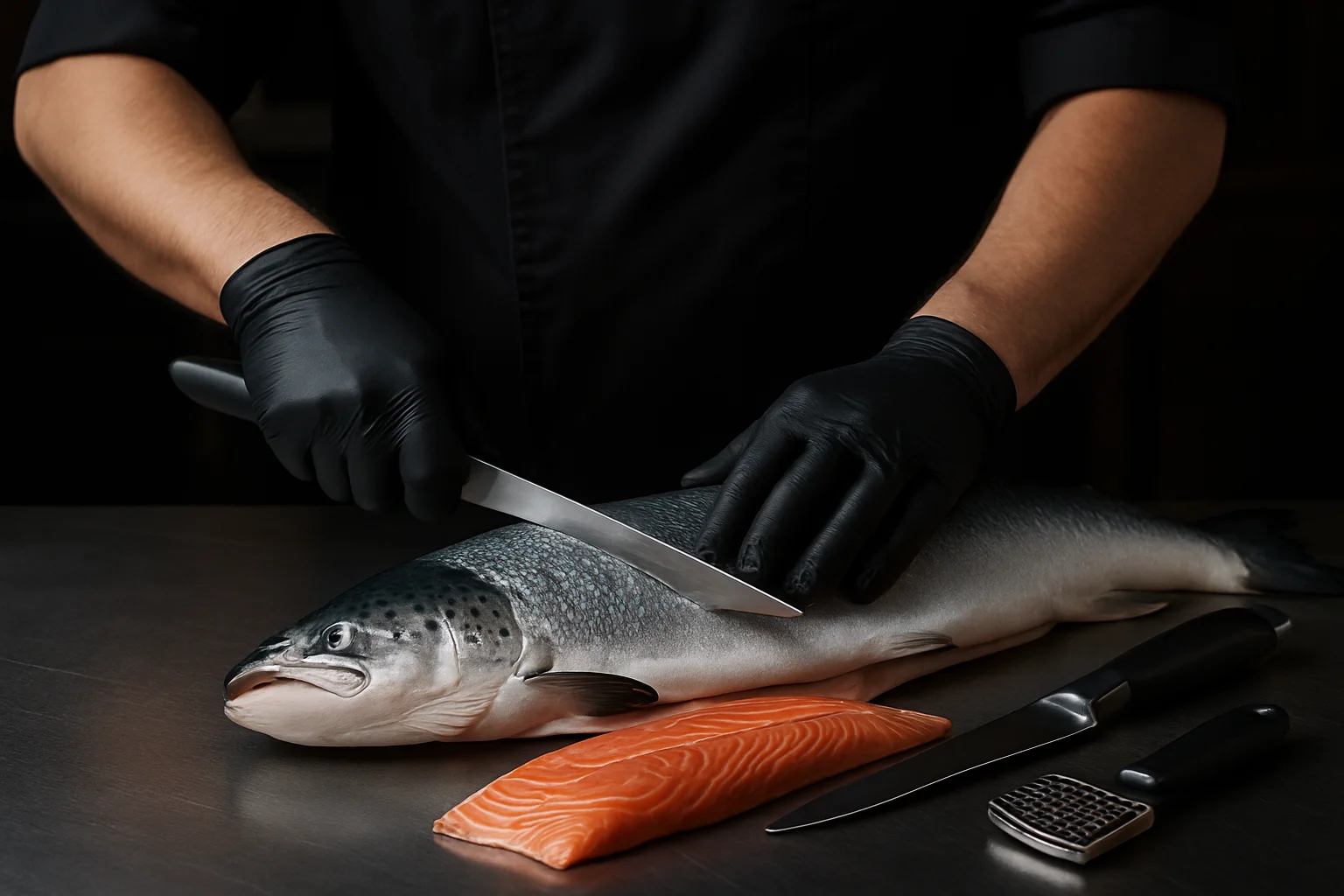 Professionelle Fischverarbeitung: Filetieren und Portionieren auf Edelstahl-Arbeitsfläche