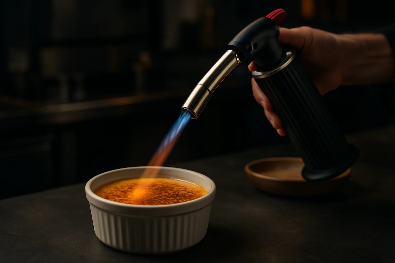 flambierbrenner nutzt flamme zum karamellisieren einer creme brulee