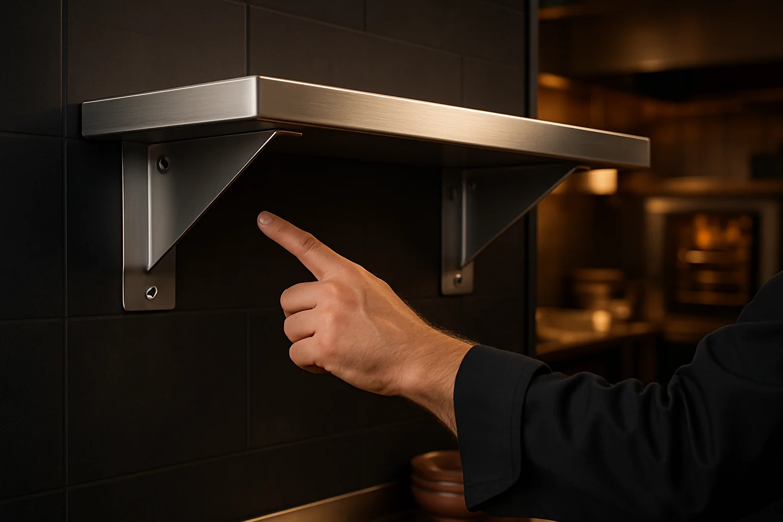 Wandboard mit Konsolen und hervorgehobenen Befestigungspunkten in einer Großküche