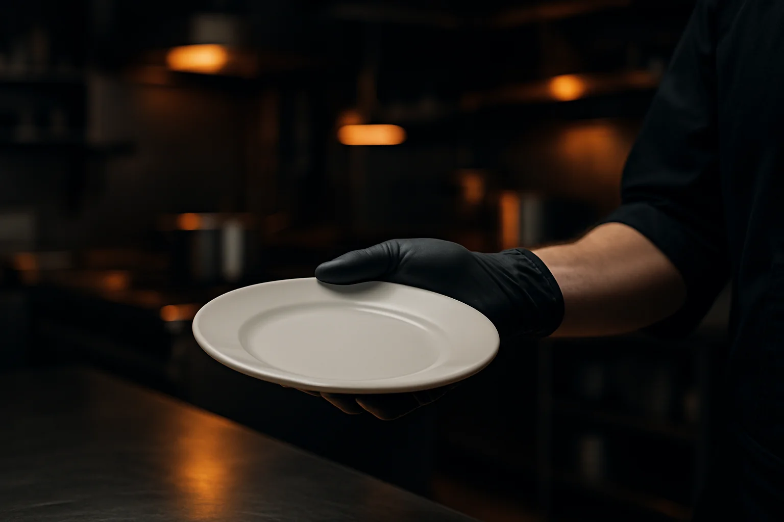 Einweghandschuhe im Gastronomieeinsatz, Hand hält Teller