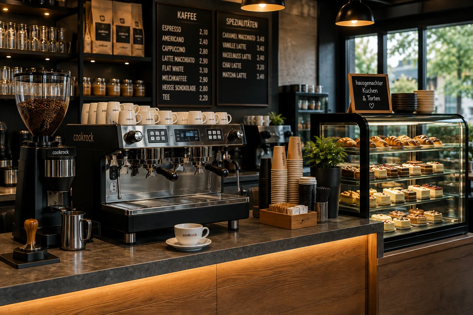 Coffee-to-go-Ausstattung für Cafés mit Bechern, Kaffeezubereitung und Ausgabezubehör