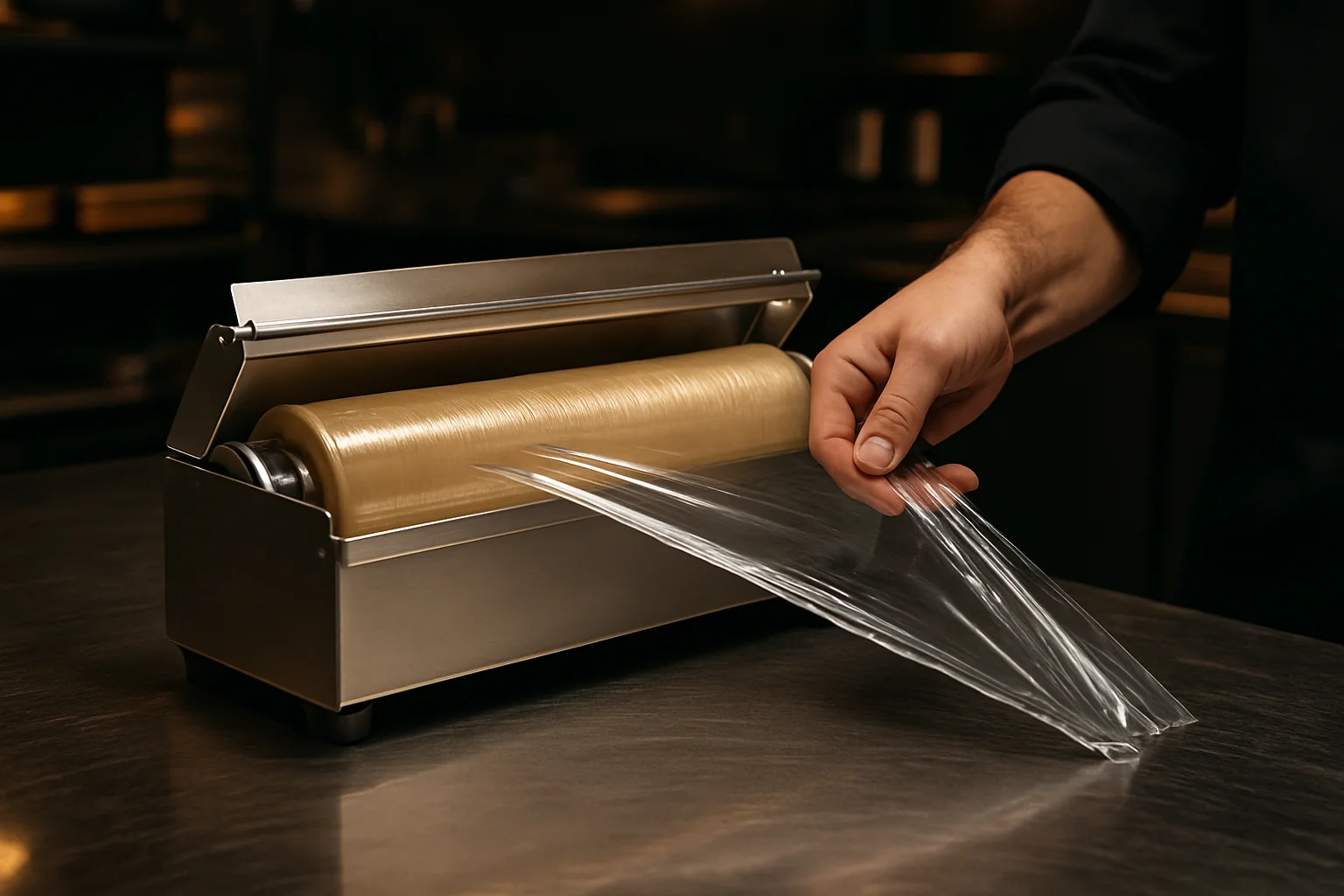 Hand bedient Folienabroller mit Rollenkern in Profi-Küche