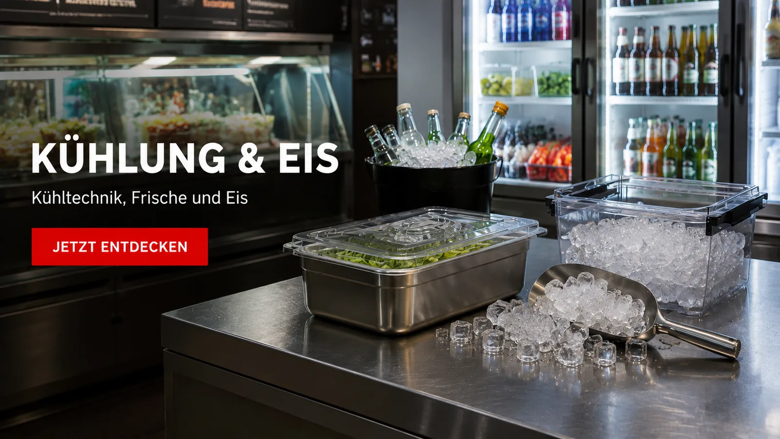 Kühlung und Eis für Gastronomie mit Kühltechnik, Eisbehältern, Eiswürfeln und Getränkekühlung