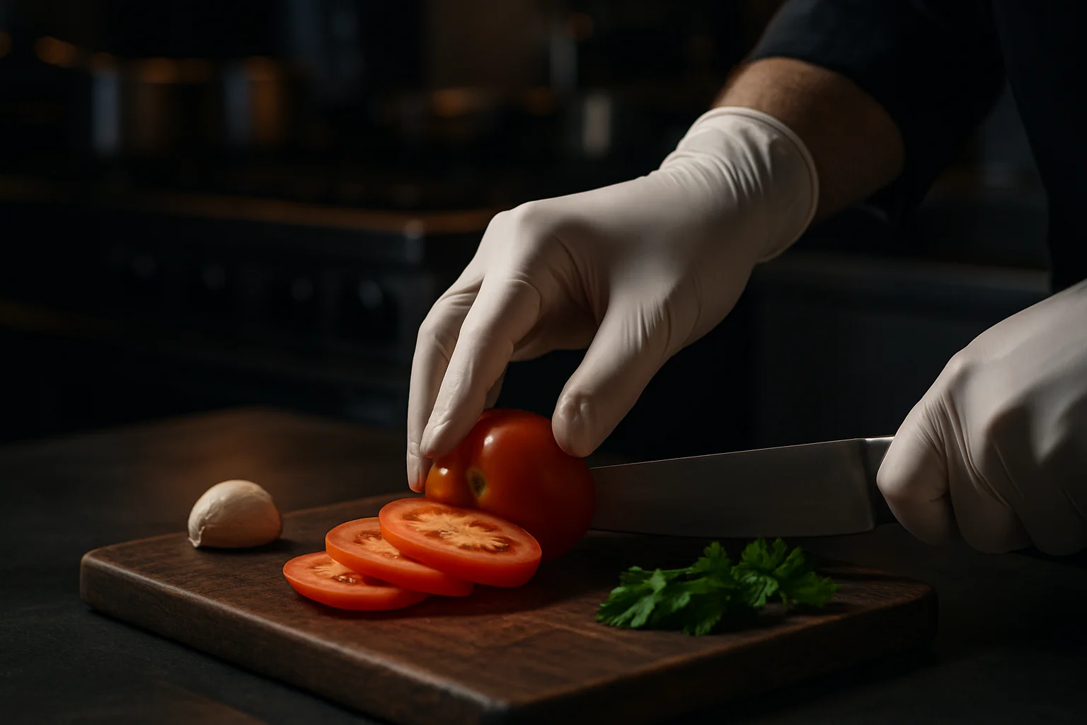 Weißer Latexhandschuh an Hand beim Vorbereiten von Lebensmitteln