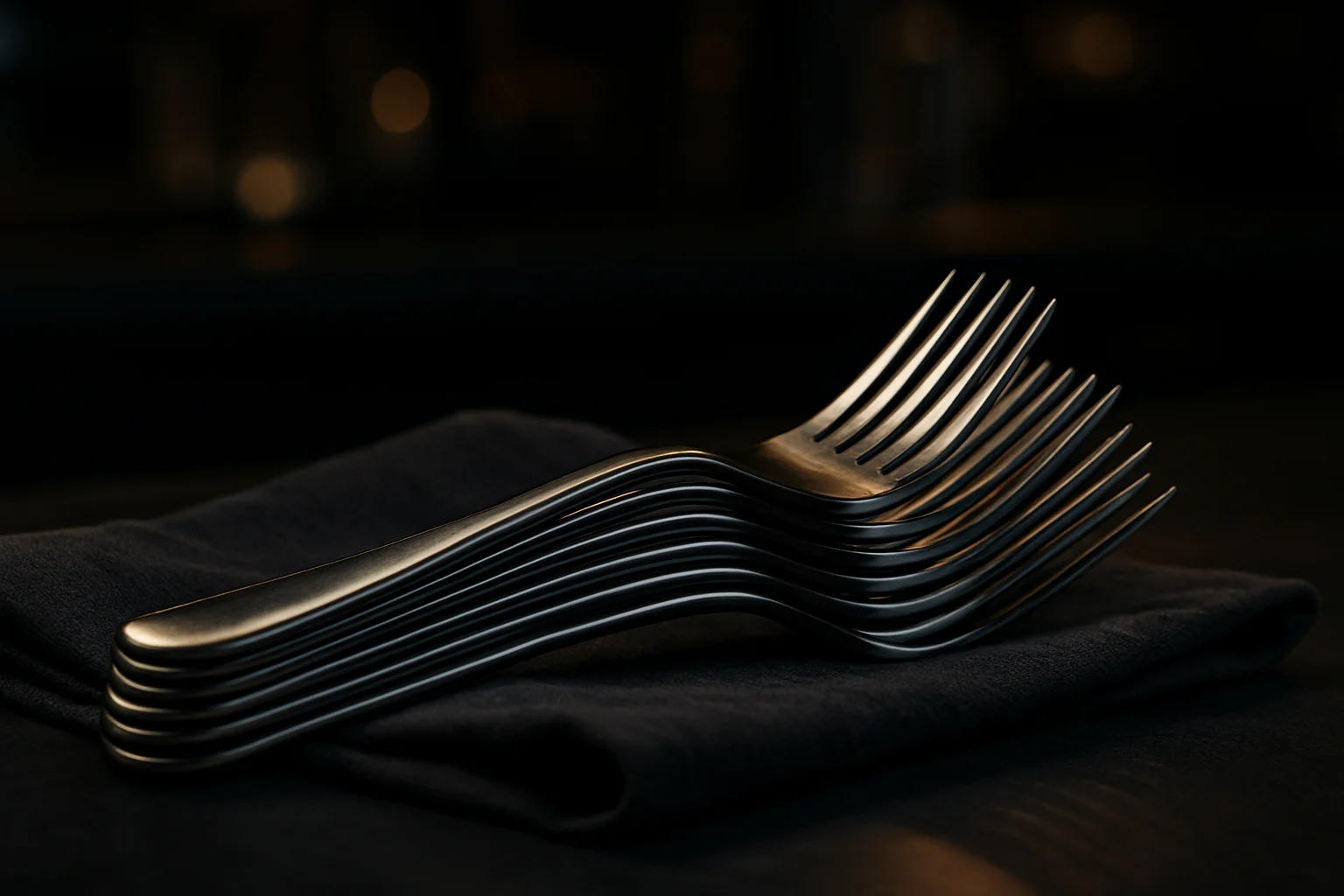 menuegabeln gestapelt auf dunklem stoff in gastronomieumfeld