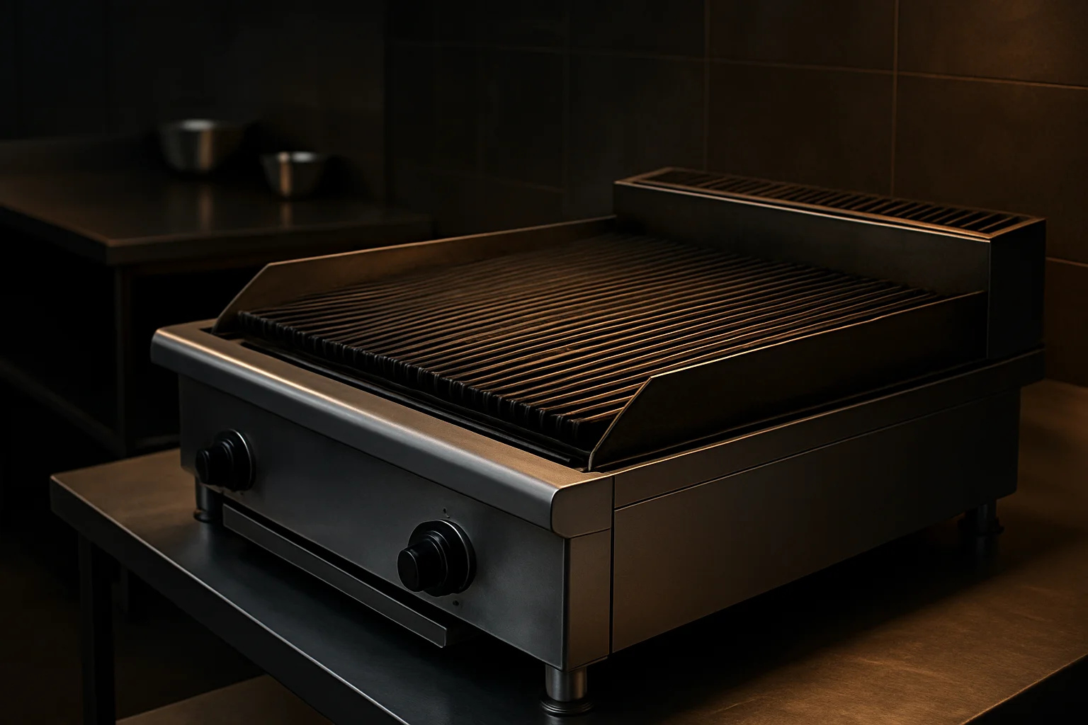 Große Grillfläche eines Lavasteingrills in einer gewerblichen Küche