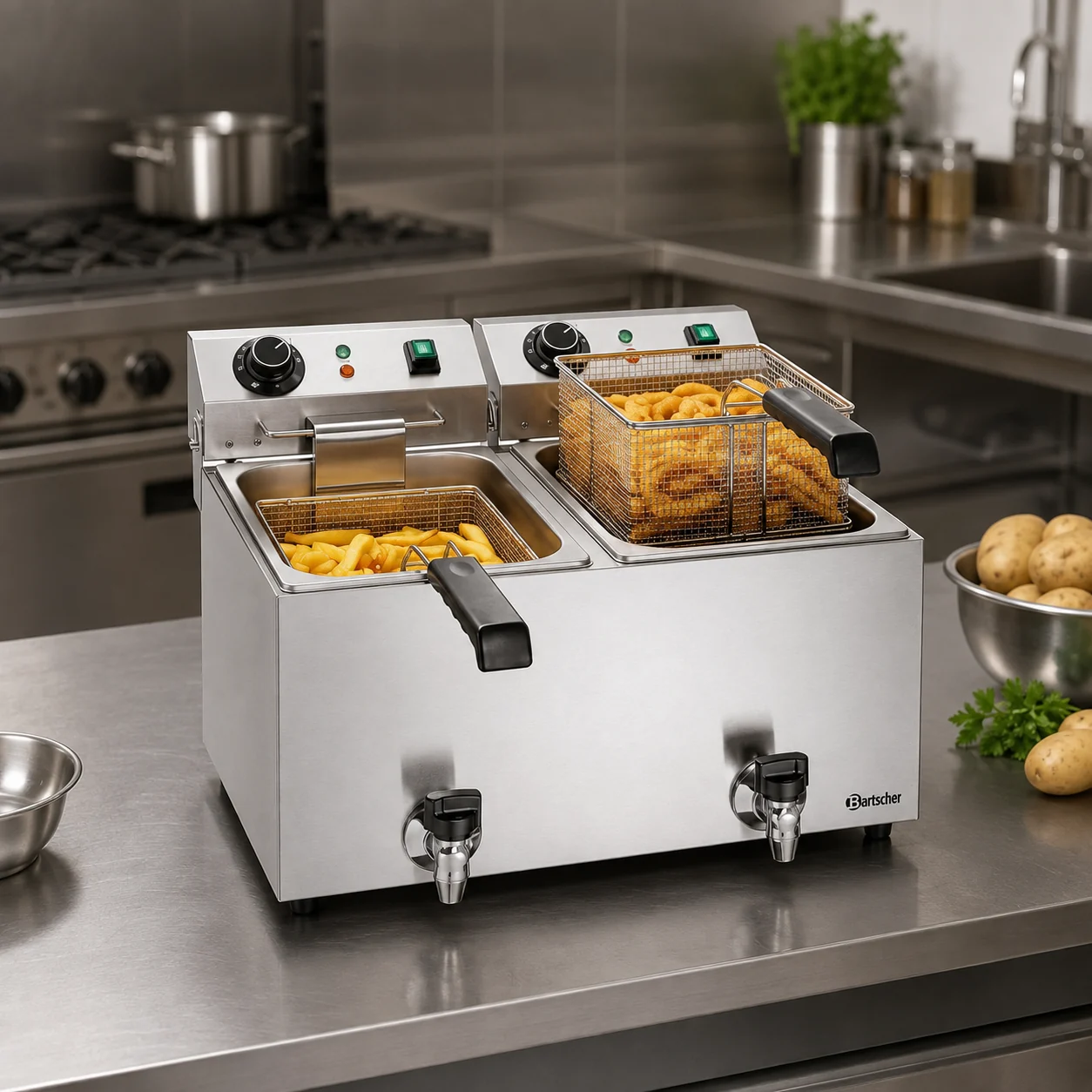Bartscher Doppelfritteuse mit zwei Becken in einer professionellen Gastronomieküche