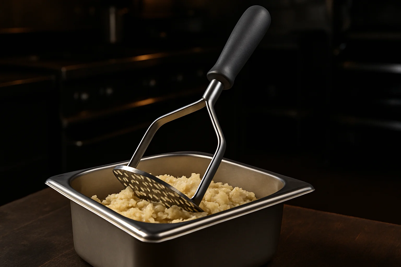 Kartoffelstampfer mit ergonomischem Griff in Gebrauch in professioneller Kuche