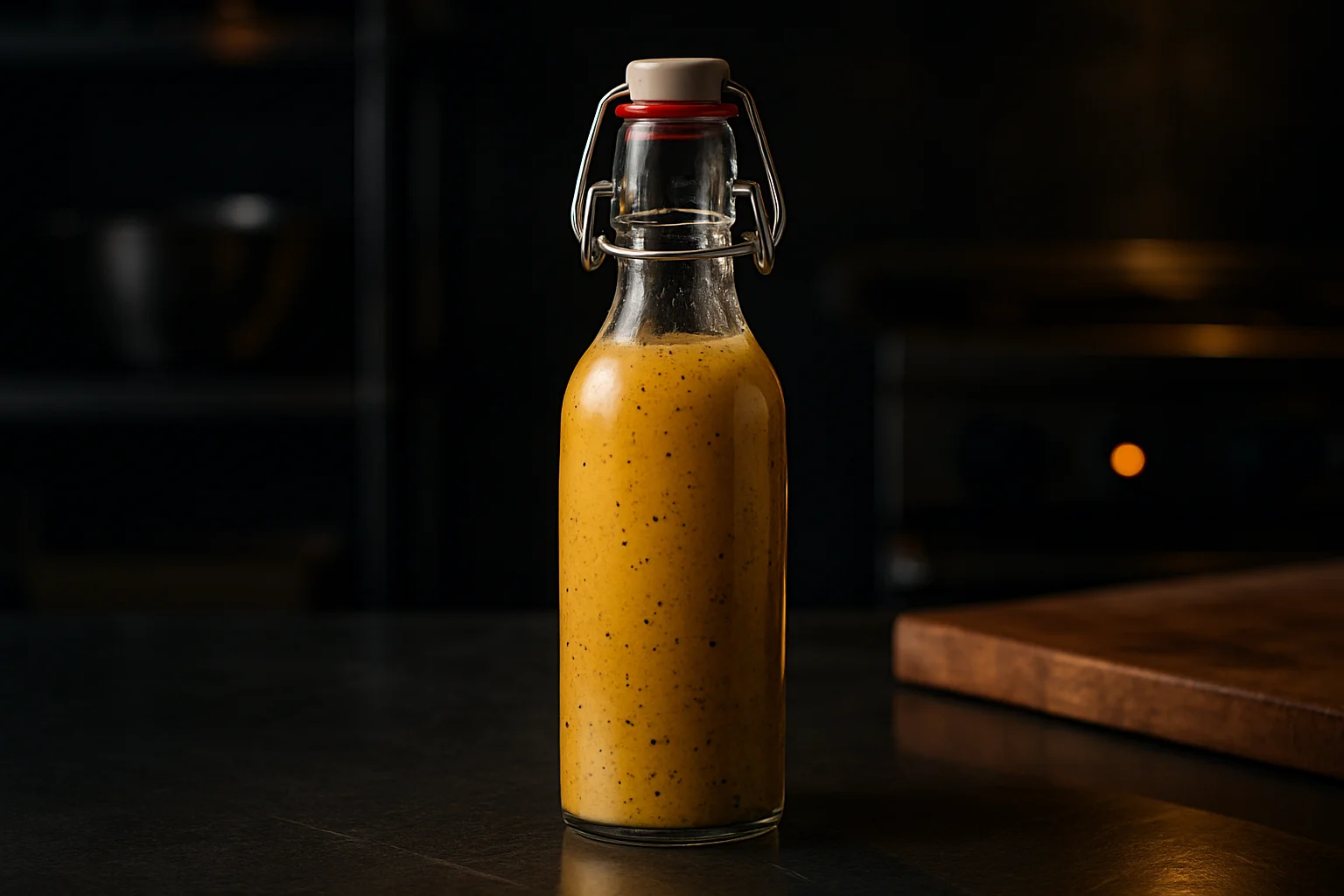 Bügelverschlussflasche mit Dressing auf professioneller Arbeitsfläche