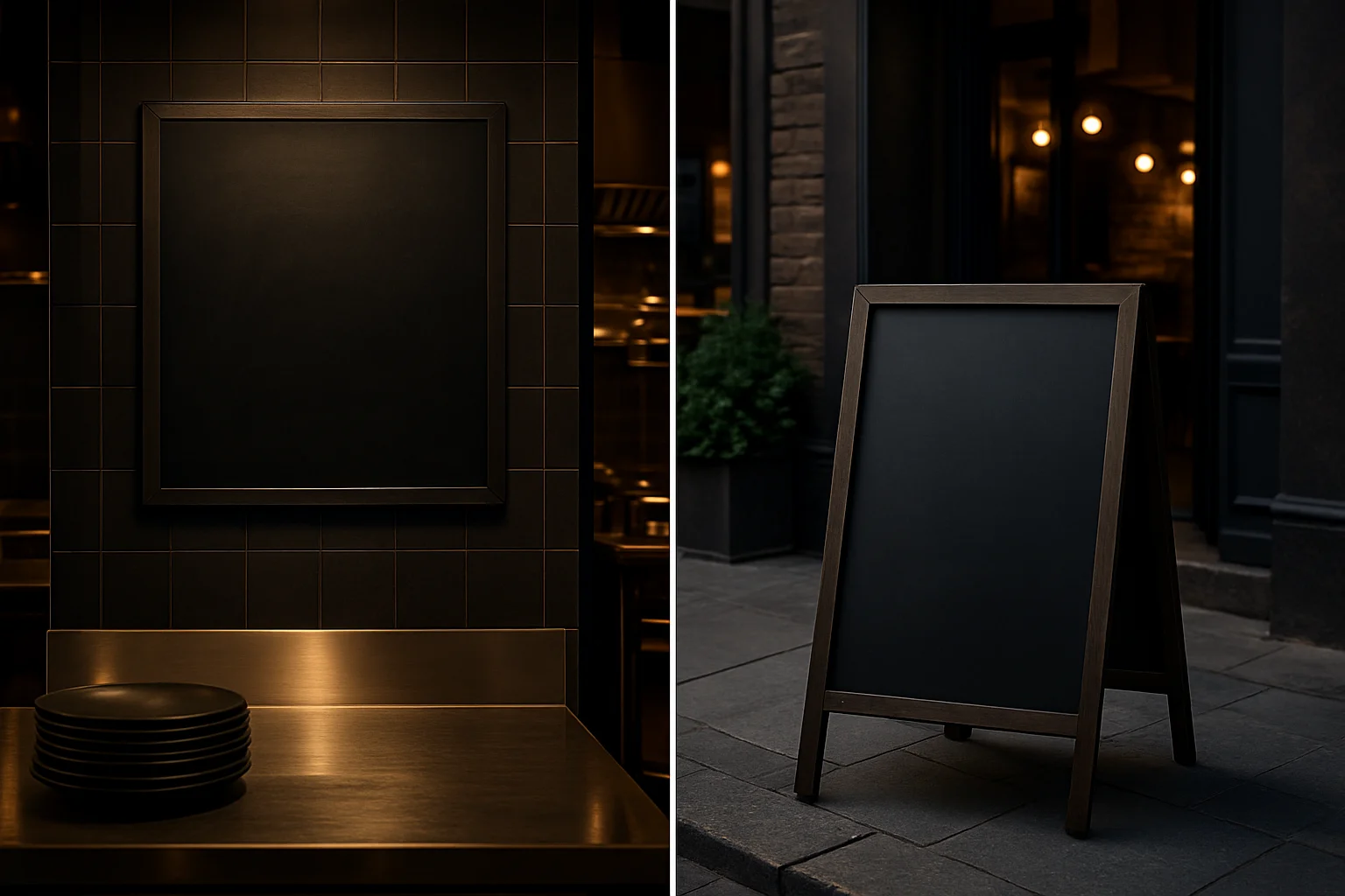 Innenbereich mit Wandtafel und Außenaufsteller vor Restaurant