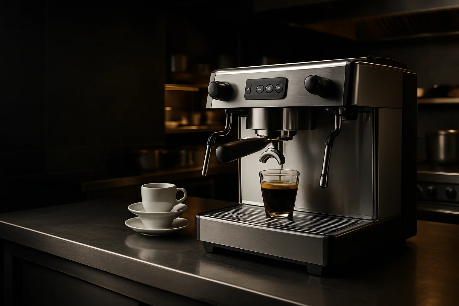 Gewerbliche Kaffeemaschine auf Edelstahltheke in professioneller Küche