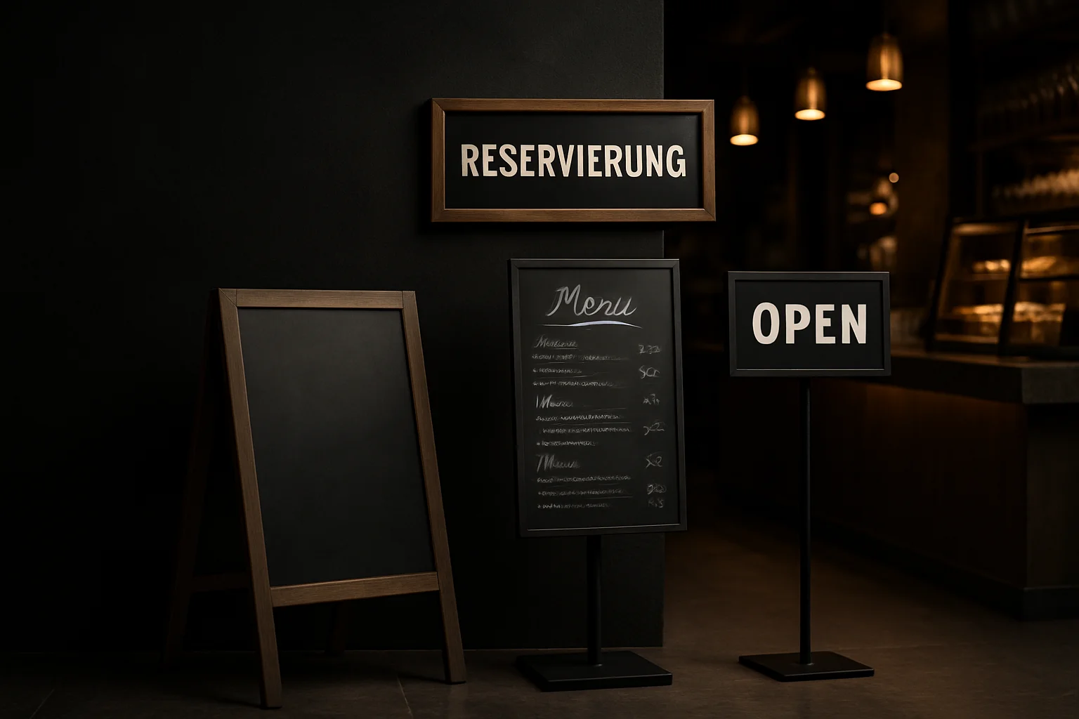 Tafeln und Beschilderung in Restaurant-Eingangsbereich, verschiedene Aufsteller und Schilder