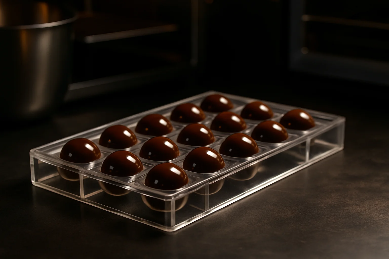 pralinenform mit fertigen pralinen auf dunklem arbeitsuntergrund