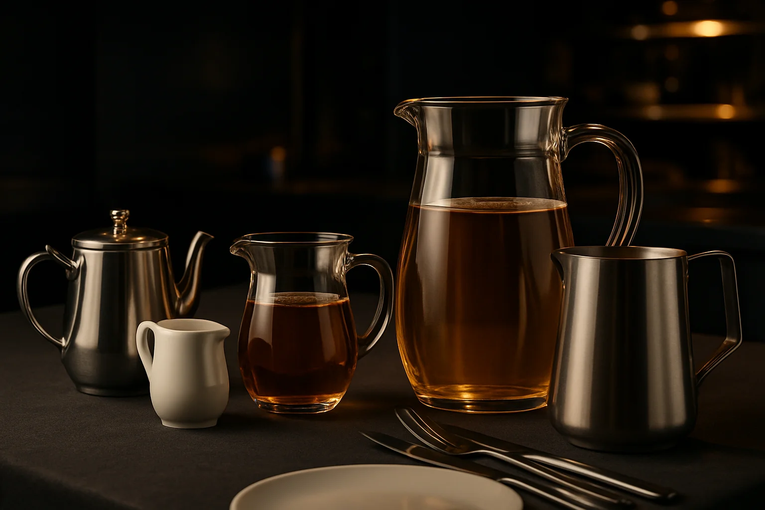 Servicekannen und Krüge in professionellem Tabletop-Setup auf einem gedeckten Gasttisch