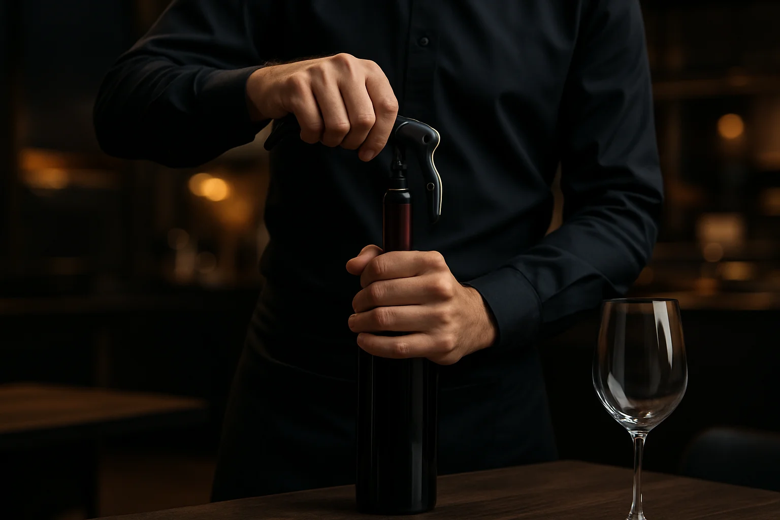servicekraft verwendet korkenzieher mit ergonomischem griff am tisch