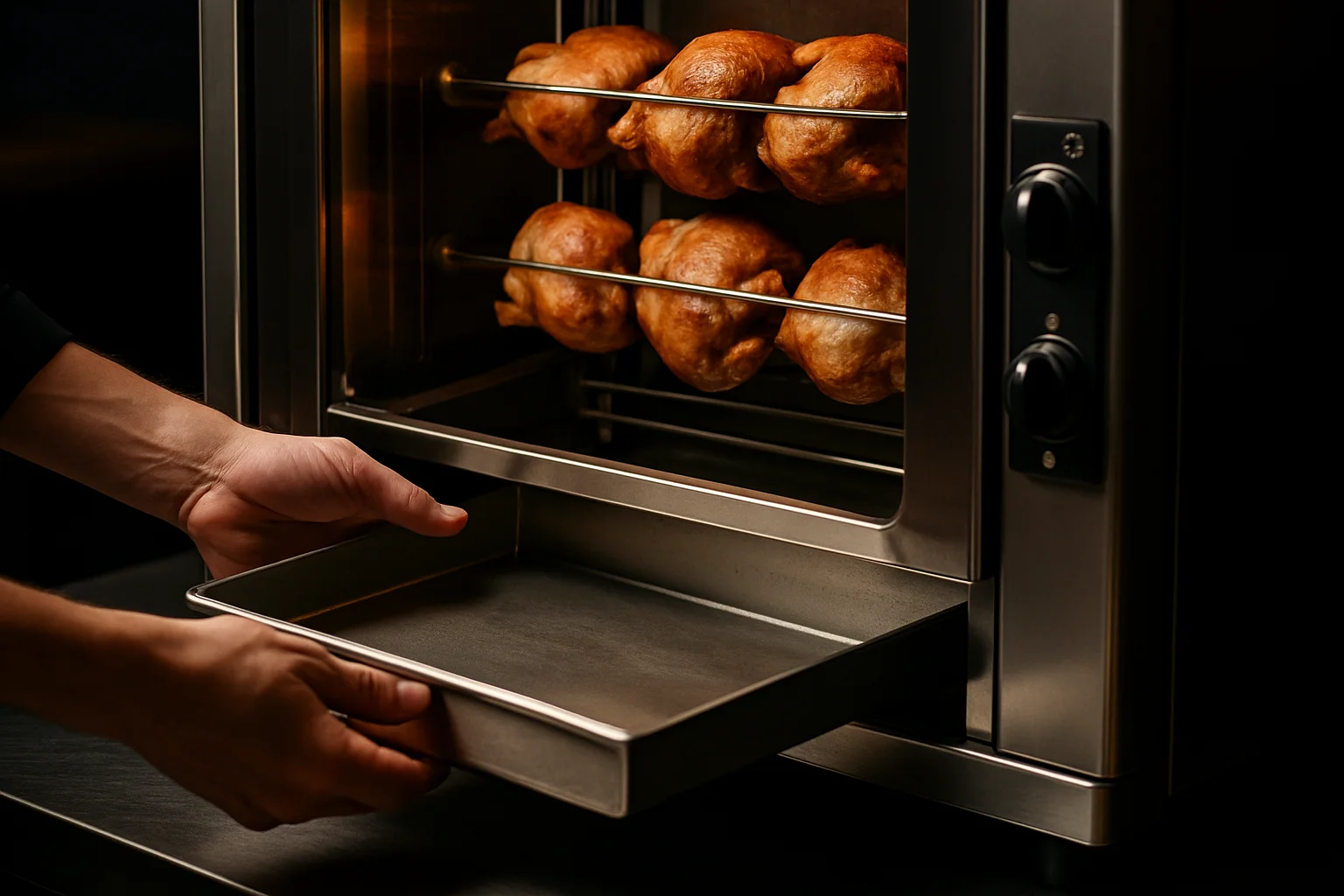 Zugängliche Auffangschale und Bedienteile eines Hähnchengrills