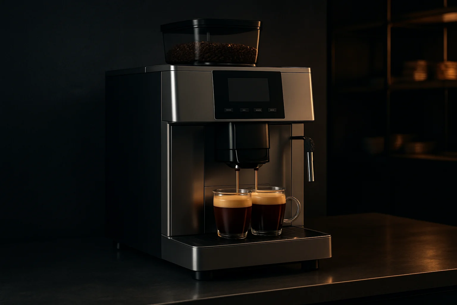 Gewerblicher Kaffeevollautomat auf Arbeitsfläche mit ausgestellten Tassen
