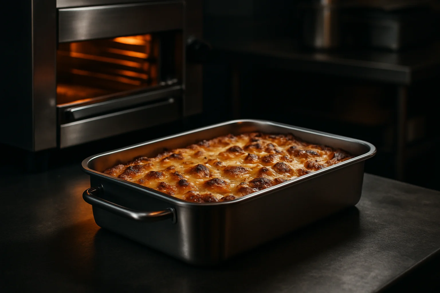 Auflaufform aus Edelstahl in Gastronomieumgebung