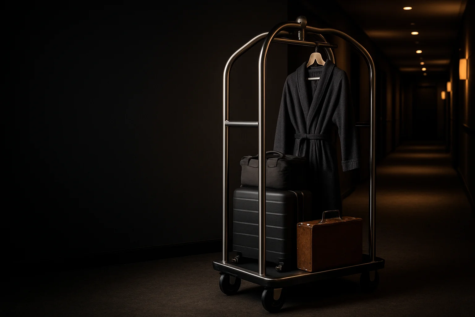 Hotelpersonal mit Transportwagen im Hotelflur, professionell und B2B