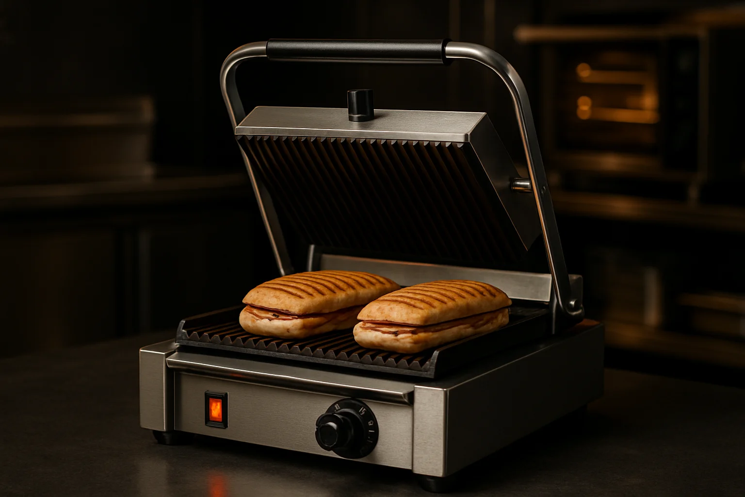 Gewerblicher Kontaktgrill in offener Position mit Panini auf Grillplatten in Profi-Küche