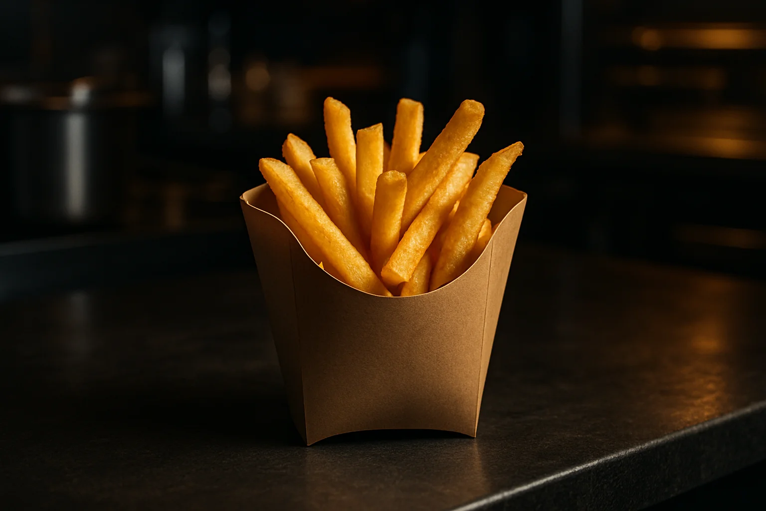 Pommesbox aus Papier mit Pommes im Gastronomie-Kontext