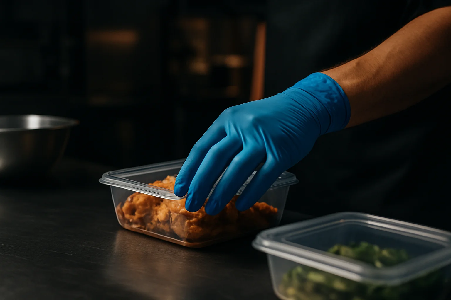 Blauer Nitrilhandschuh beim Umgang mit Lebensmitteln in Grosskueche