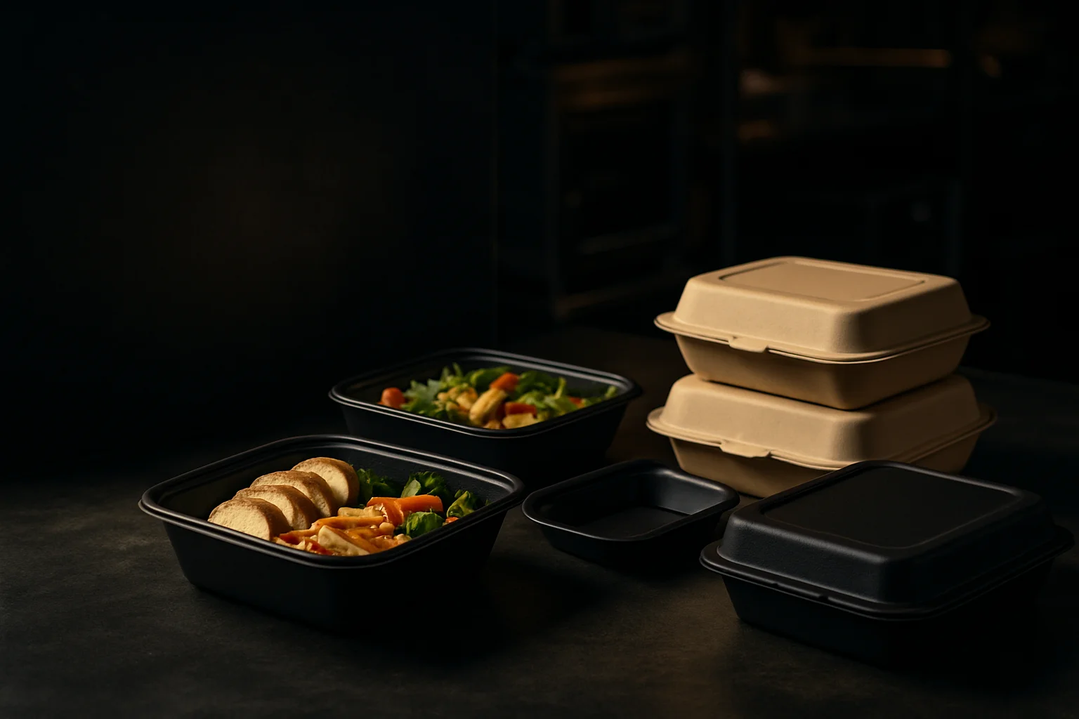 Gastronomische Arbeitsfläche mit Menüboxen und Lunchboxen, geordnet und bereit zur Befüllung