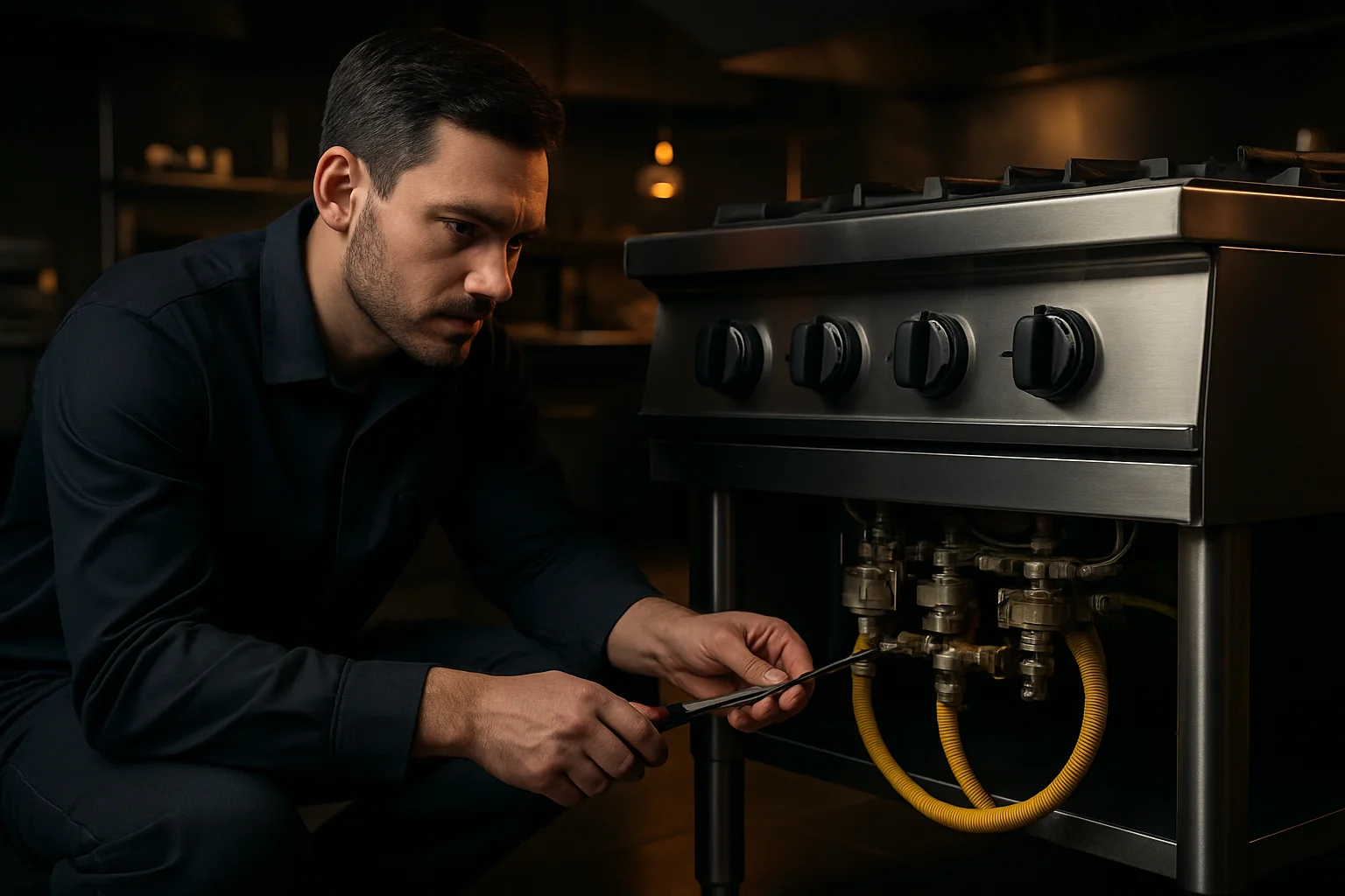 Prüfung von Energieanschlüssen an einem Profi-Kocher in Gewerbeküche