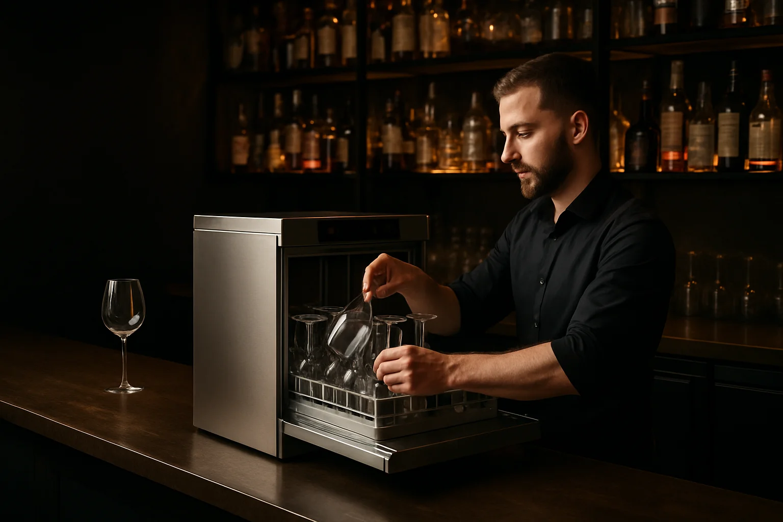 Bar mit Gläserspüler und Barkeeper beim Bestücken