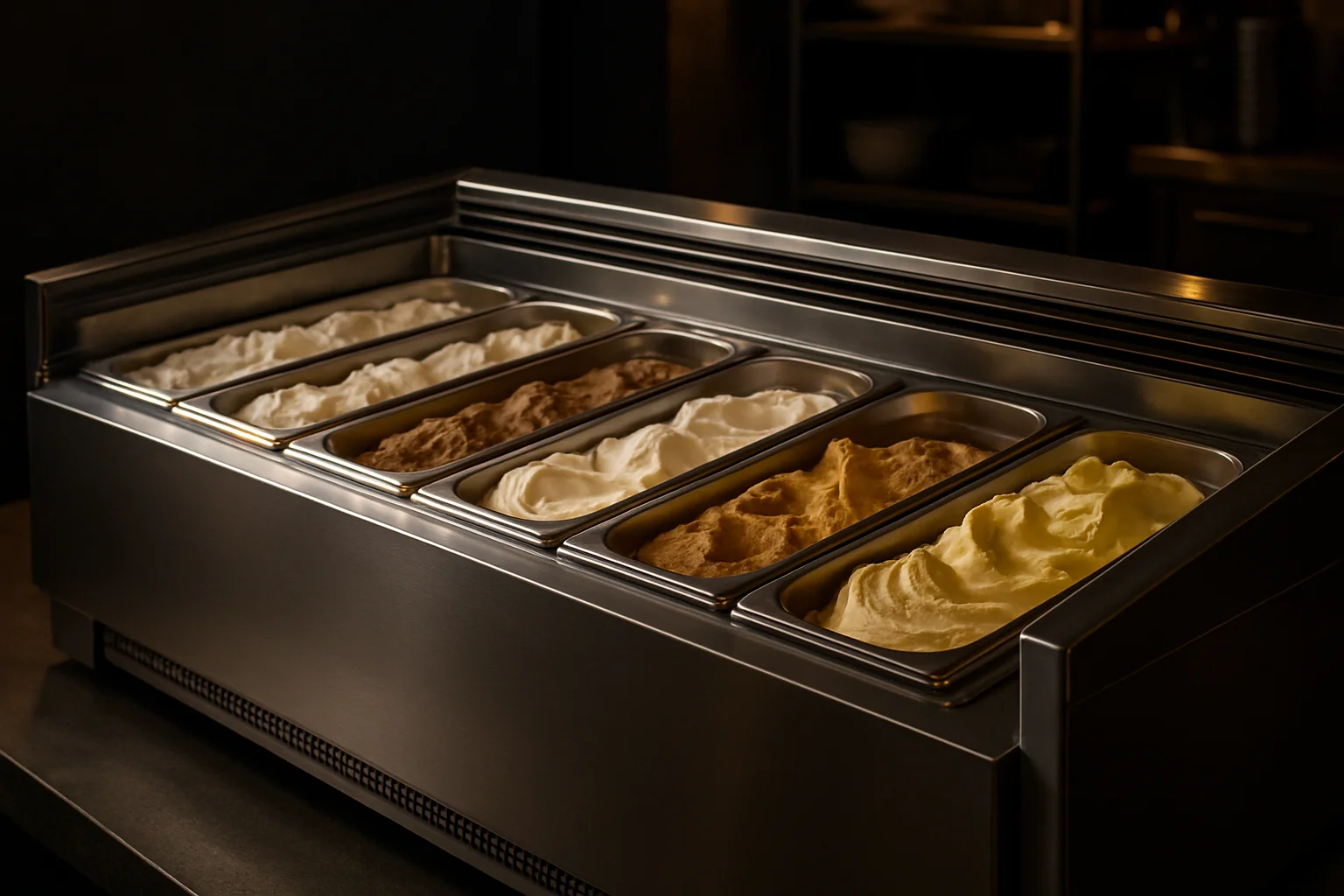 Eiscreme Behälter in einer professionellen Kühltheke, mehrere Behälter sichtbar