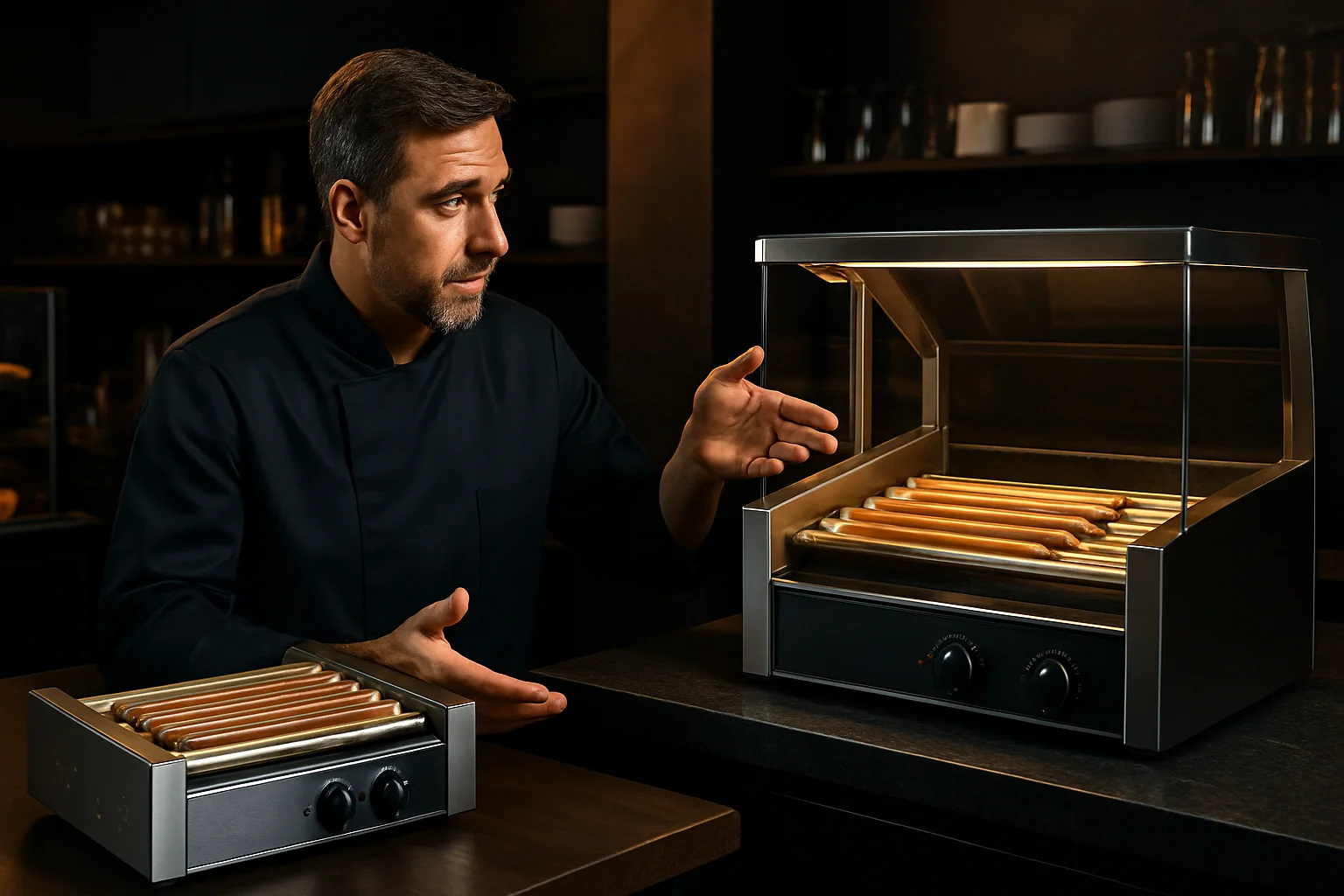 Rollgrill in Thekenumgebung zur Veranschaulichung von Einbau- und Standgeräten