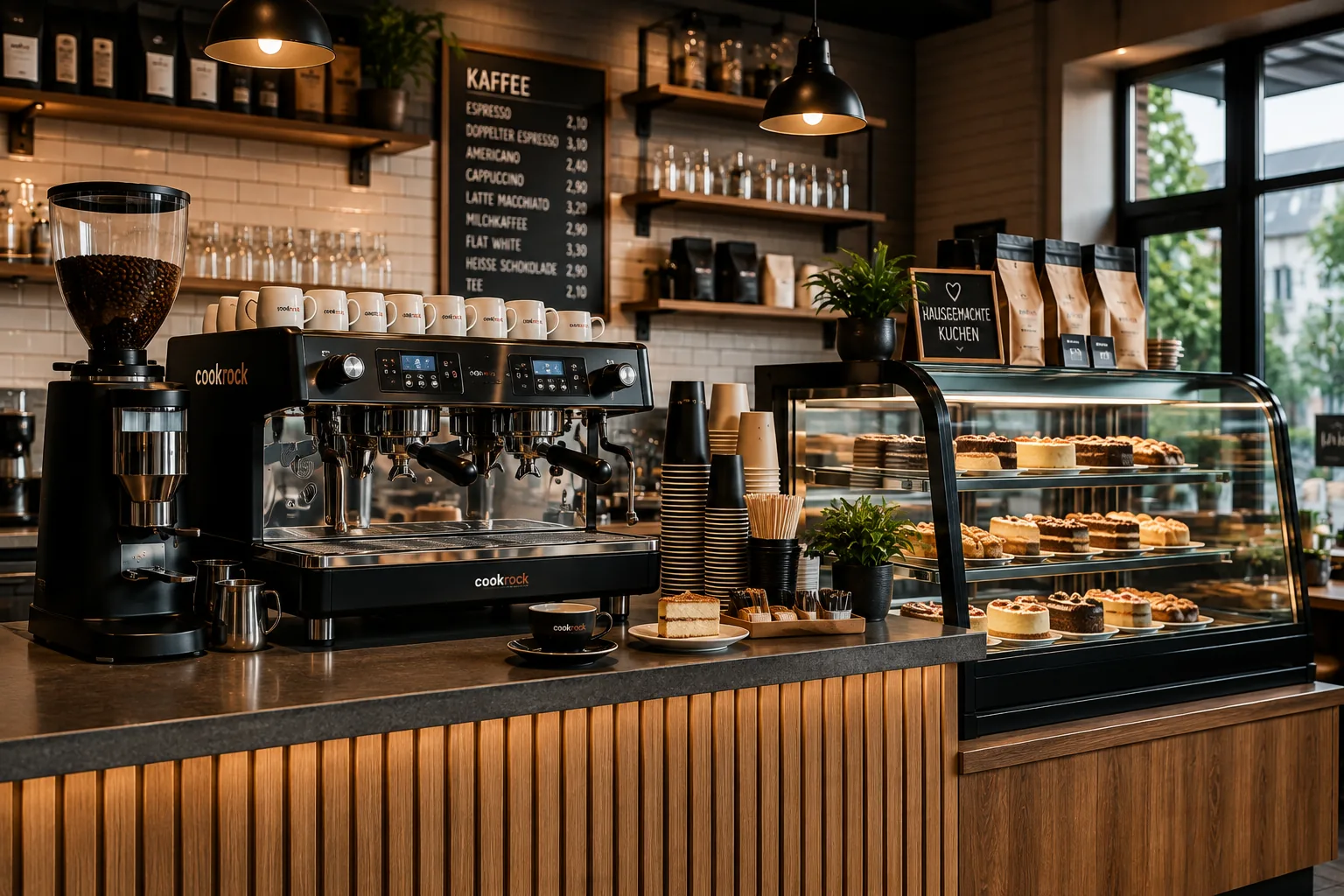 Kompakte Caféausstattung für kleines Café oder Bistro mit Kaffeemaschine und Kuchenvitrine