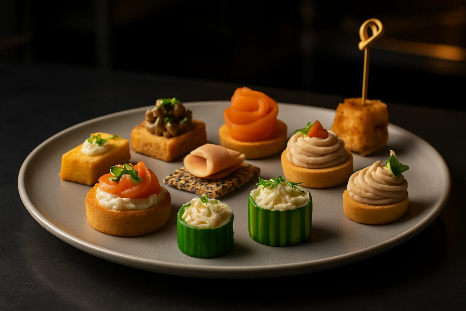 Fingerfood-Teller mit einzelnen Häppchen auf Buffet