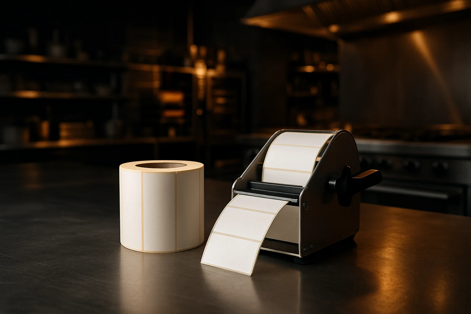 Etikettenrolle und Etikettenspender auf Arbeitstisch in einer Restaurantküche
