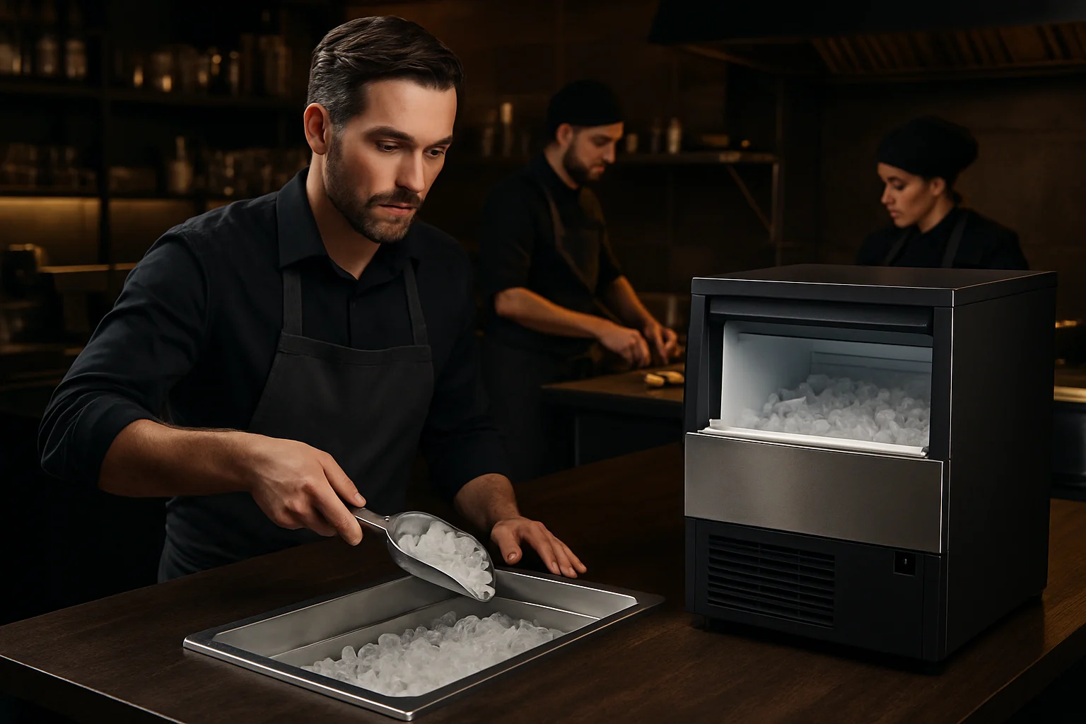 Barkeeper vor Eiswanne und Eisbereiter in professioneller Bar