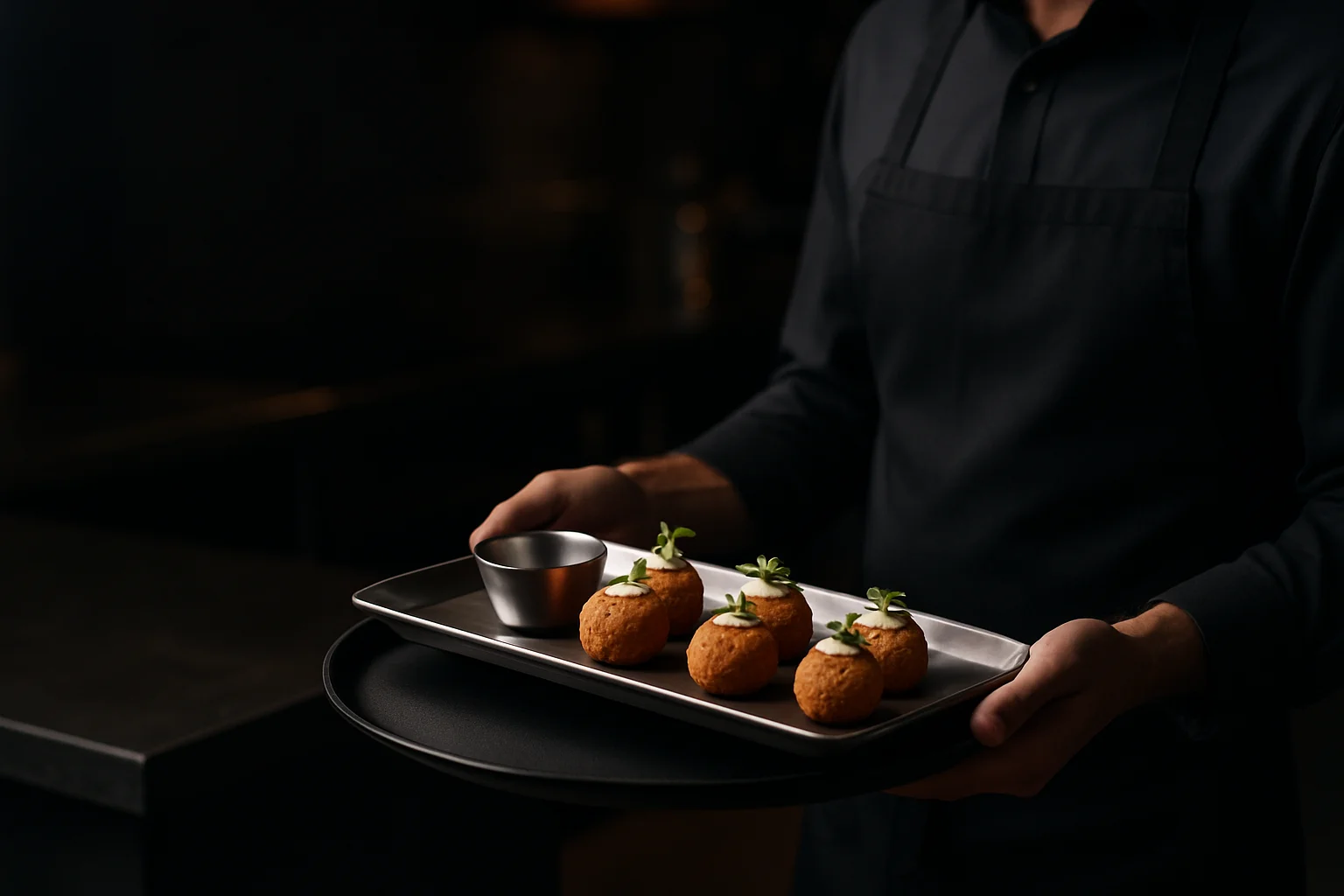 b2b gastronomie service mit tablett und servierplatte bedienperson rechts