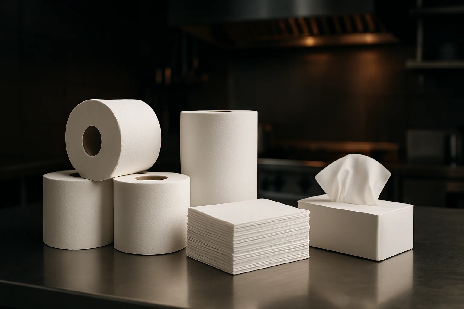 Hygienepapierprodukte wie Rollen und Kosmetiktücher auf Edelstahltheke in professioneller Küche
