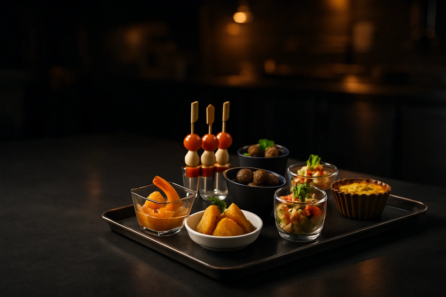 Buffet mit verschiedenen Fingerfood-Portionen auf Serviertablett
