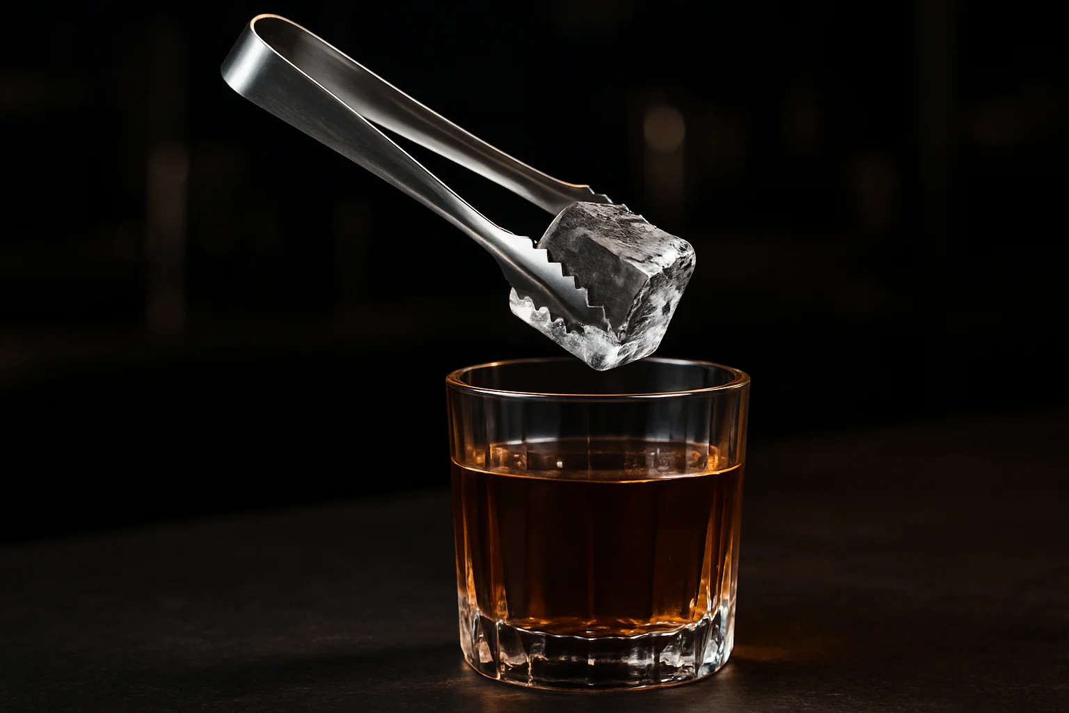 eiszange aus edelstahl greift eiswuerfel ueber cocktailglas
